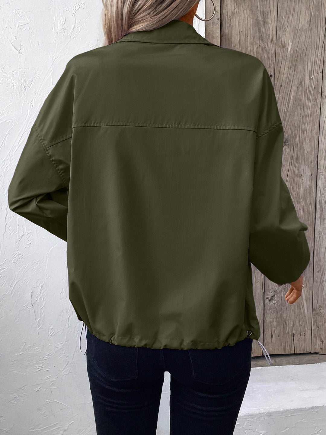 Green Collar Drawstring Waterproof Jacket
