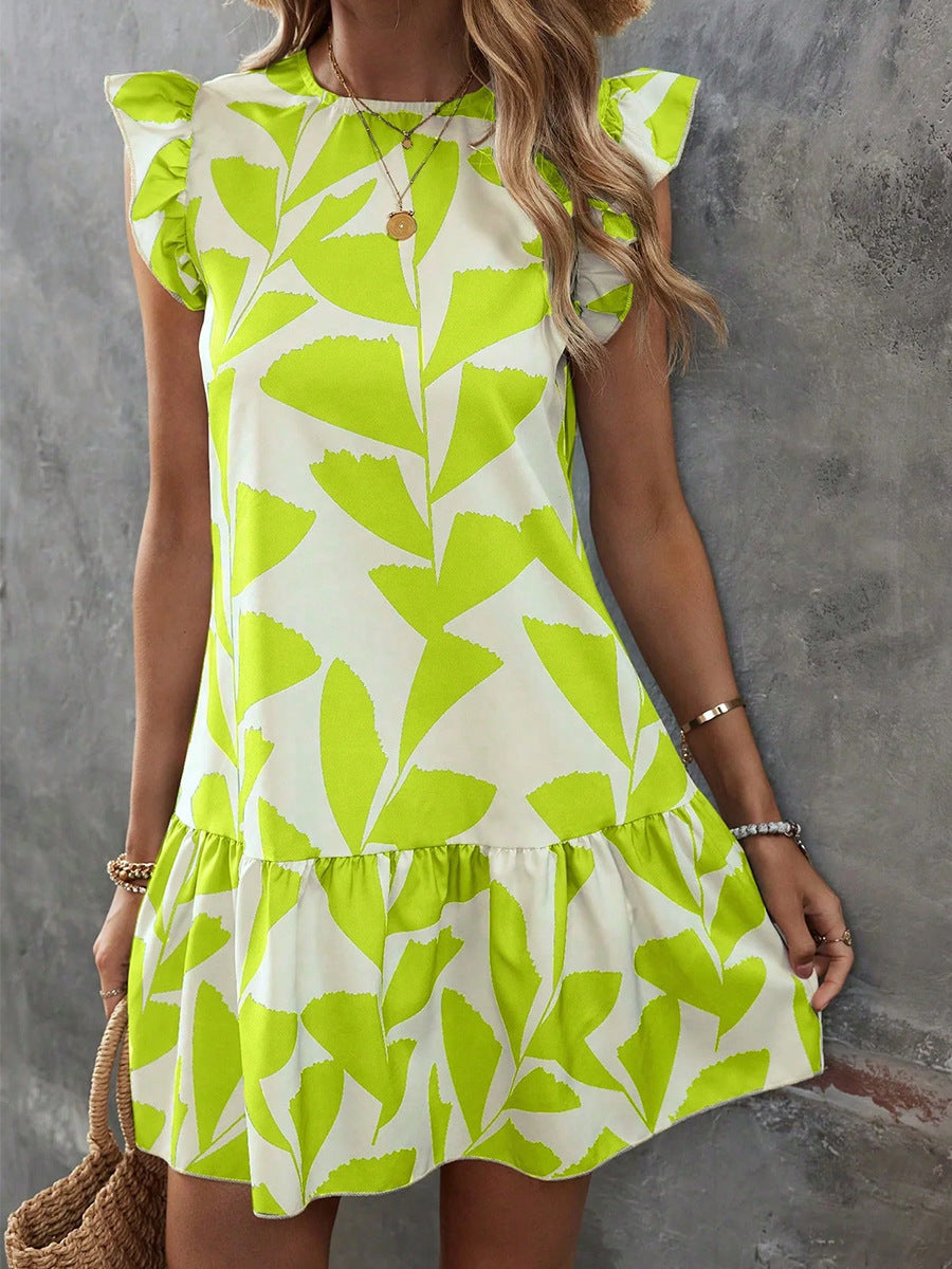 Lime Printed Flutter Sleeve Dress