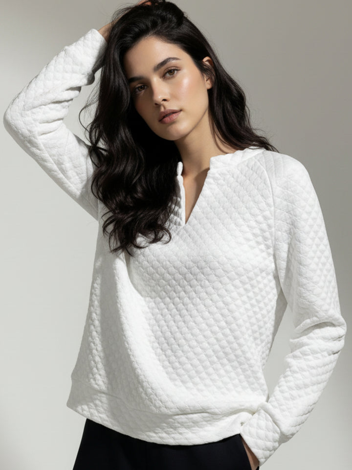 White Textured V Neck Sweatshirt