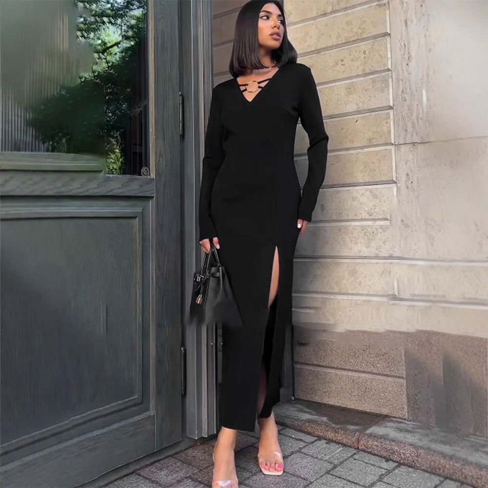 Black Plunge Neck With Buckle Detailing Dress