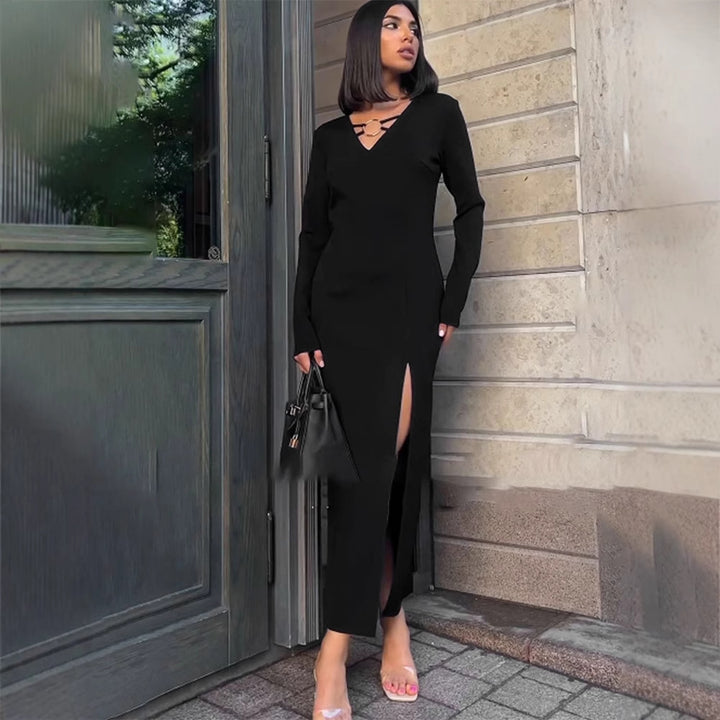 Black Plunge Neck With Buckle Detailing Dress