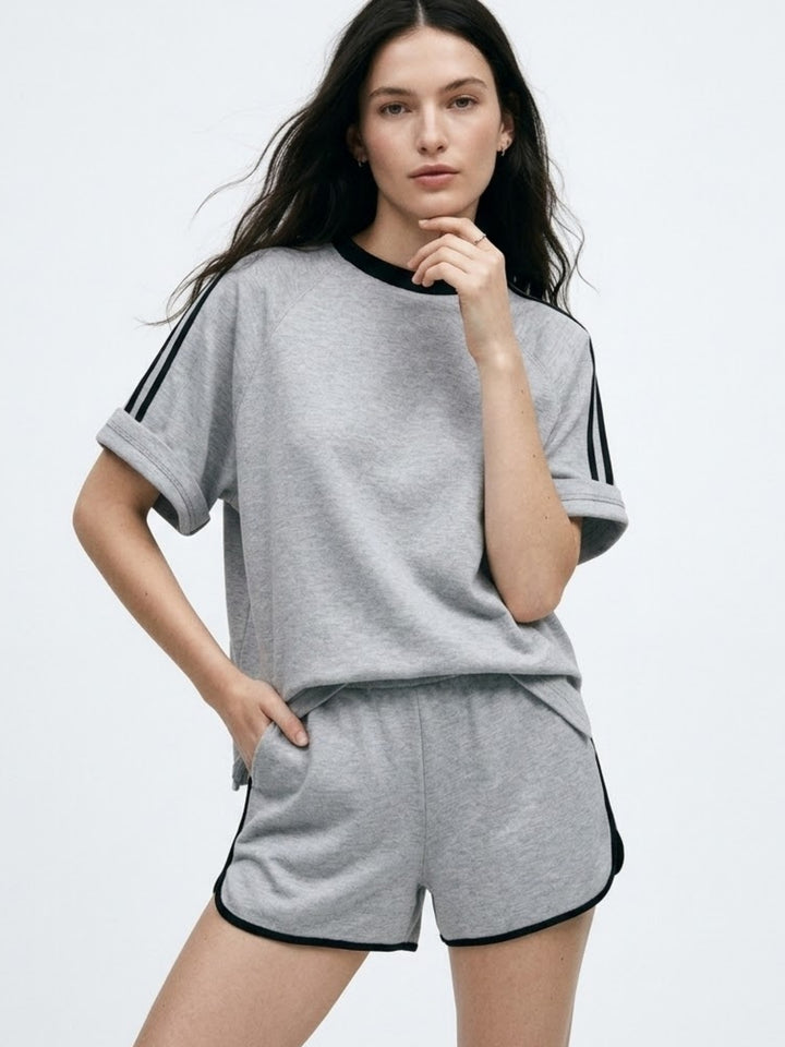 Grey Tonal Striped T-Shirt And Shorts Co-Ord Set