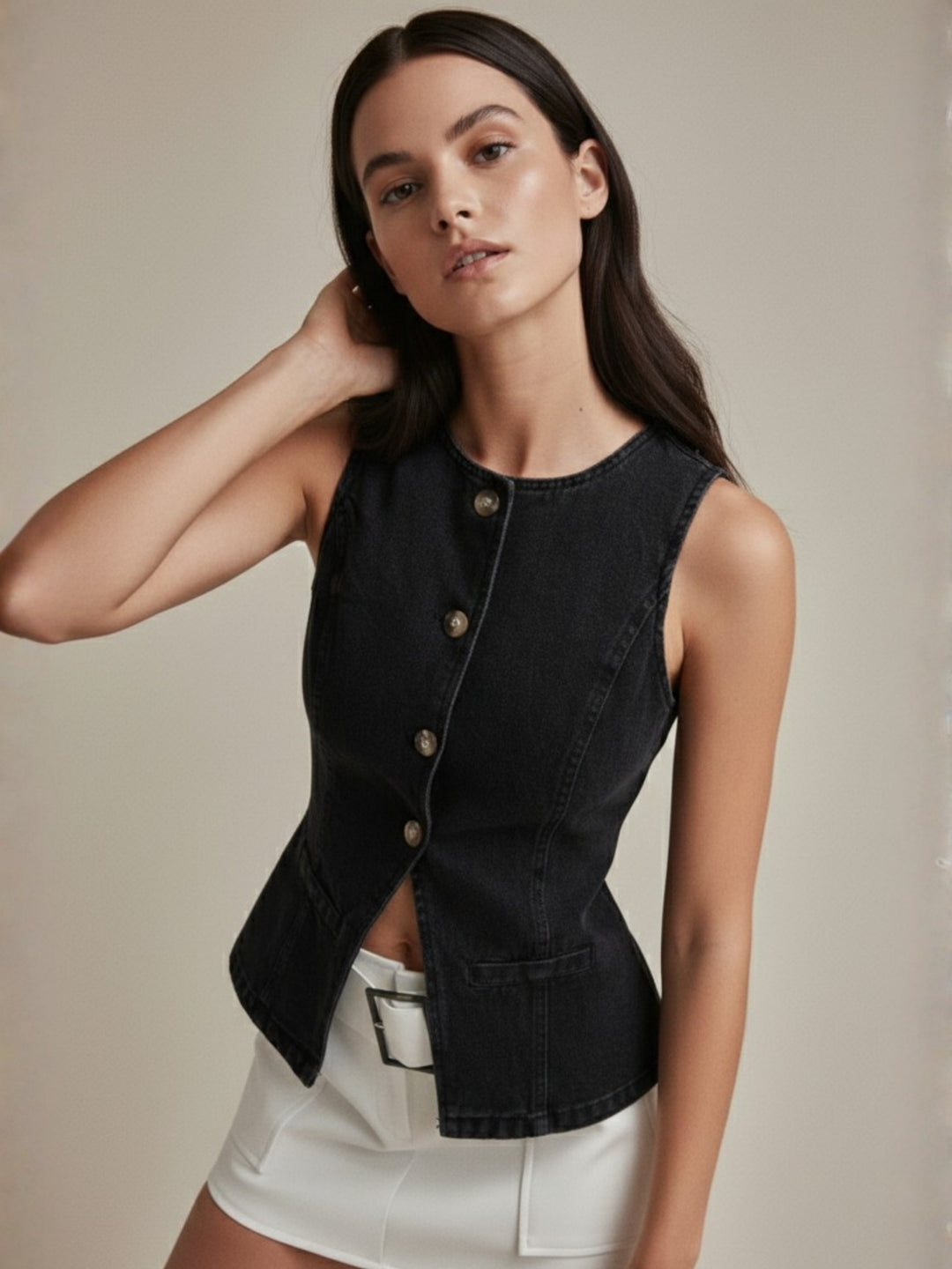 Black Front Buttoned Denim Vest