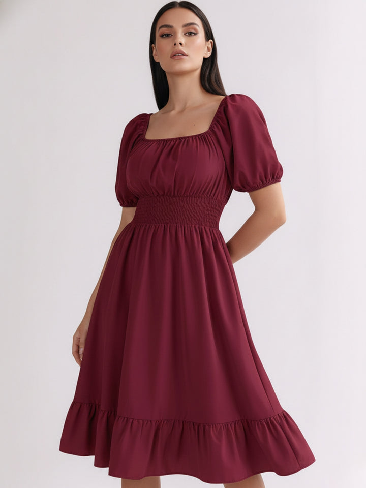 Burgundy Square Neck Cinched Waist Dress