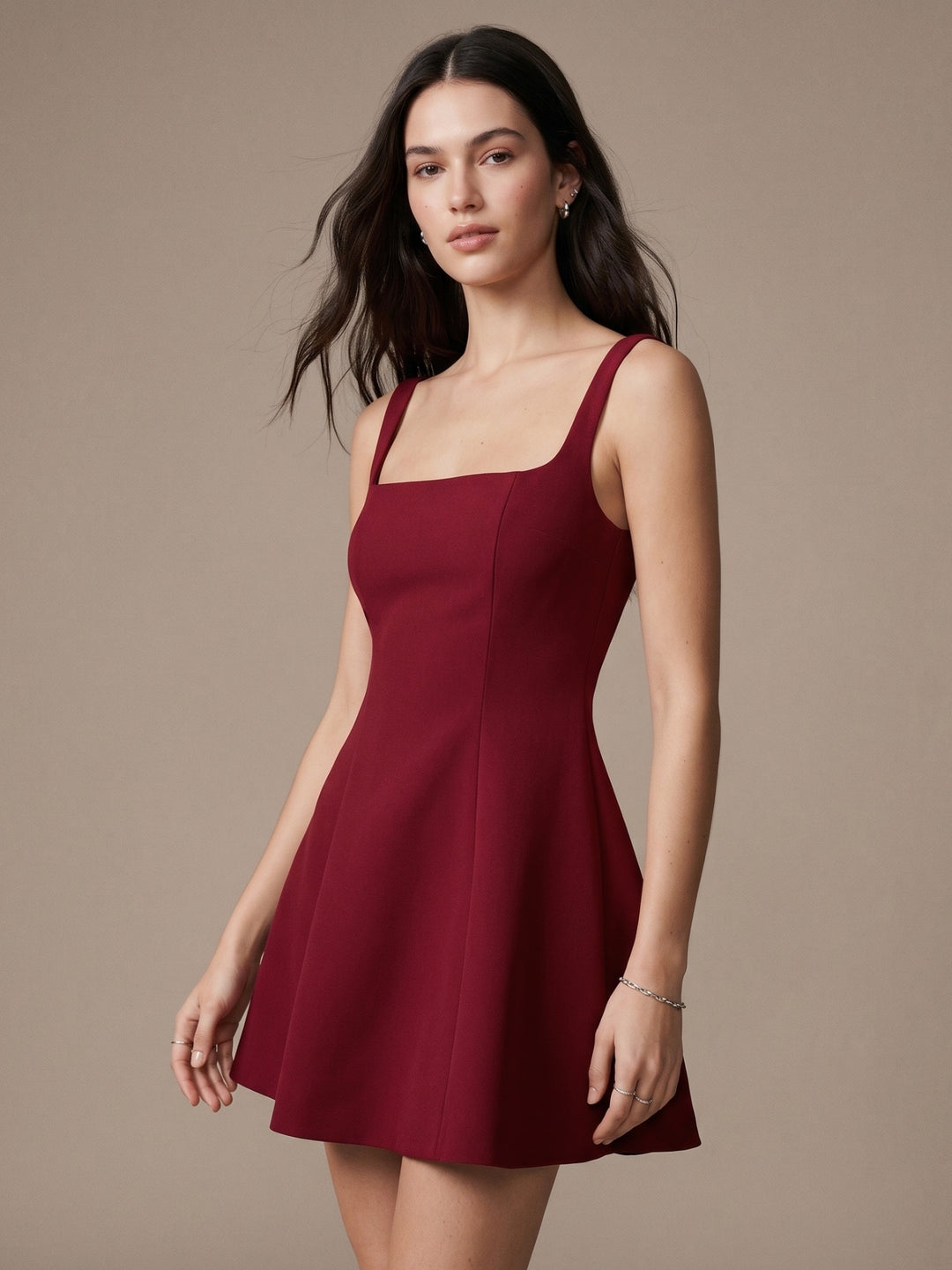 Burgundy Shoulder Strap Flared Dress