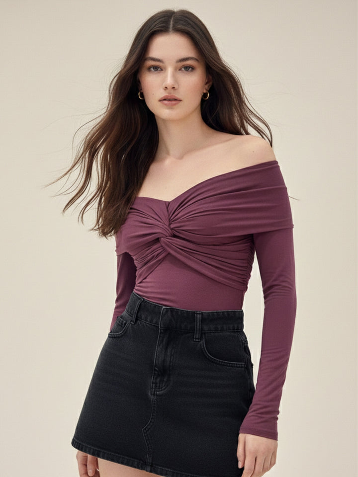 Wine Off-Shoulder Twisted Knot Detailed Top