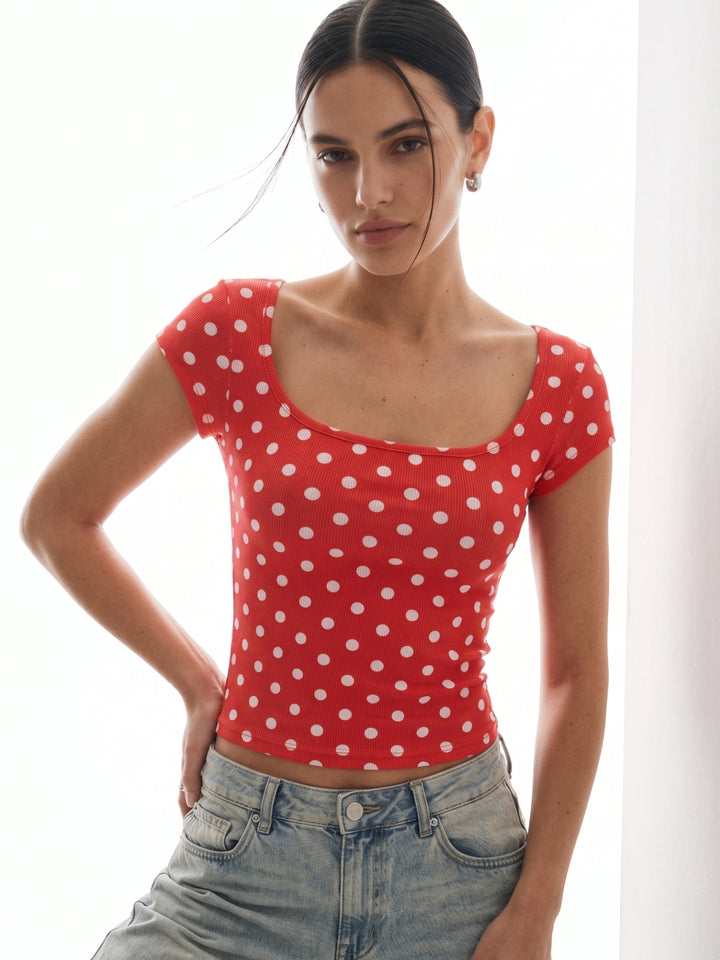 Red Scoop Neck Polka Dotted Top