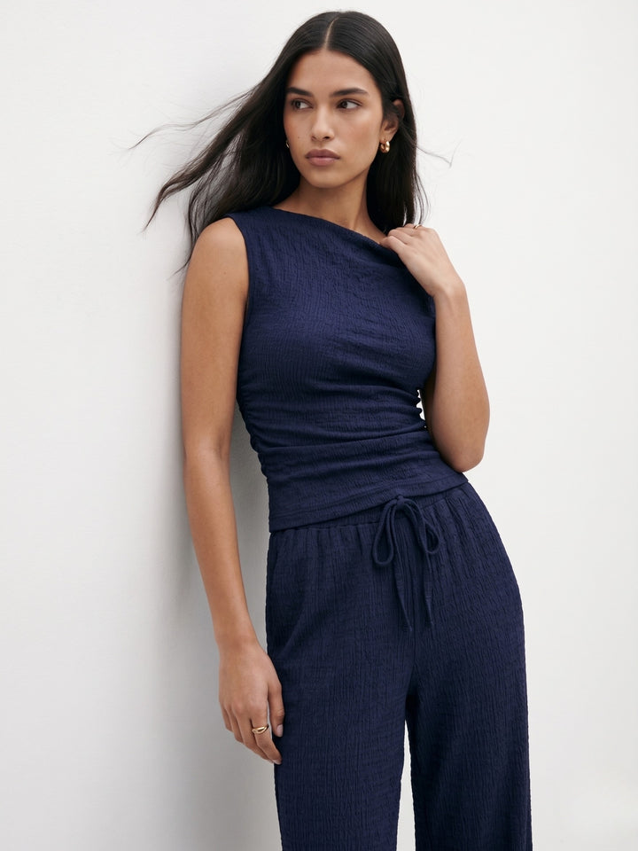 Navy Blue One Shoulder Top And Pant Set