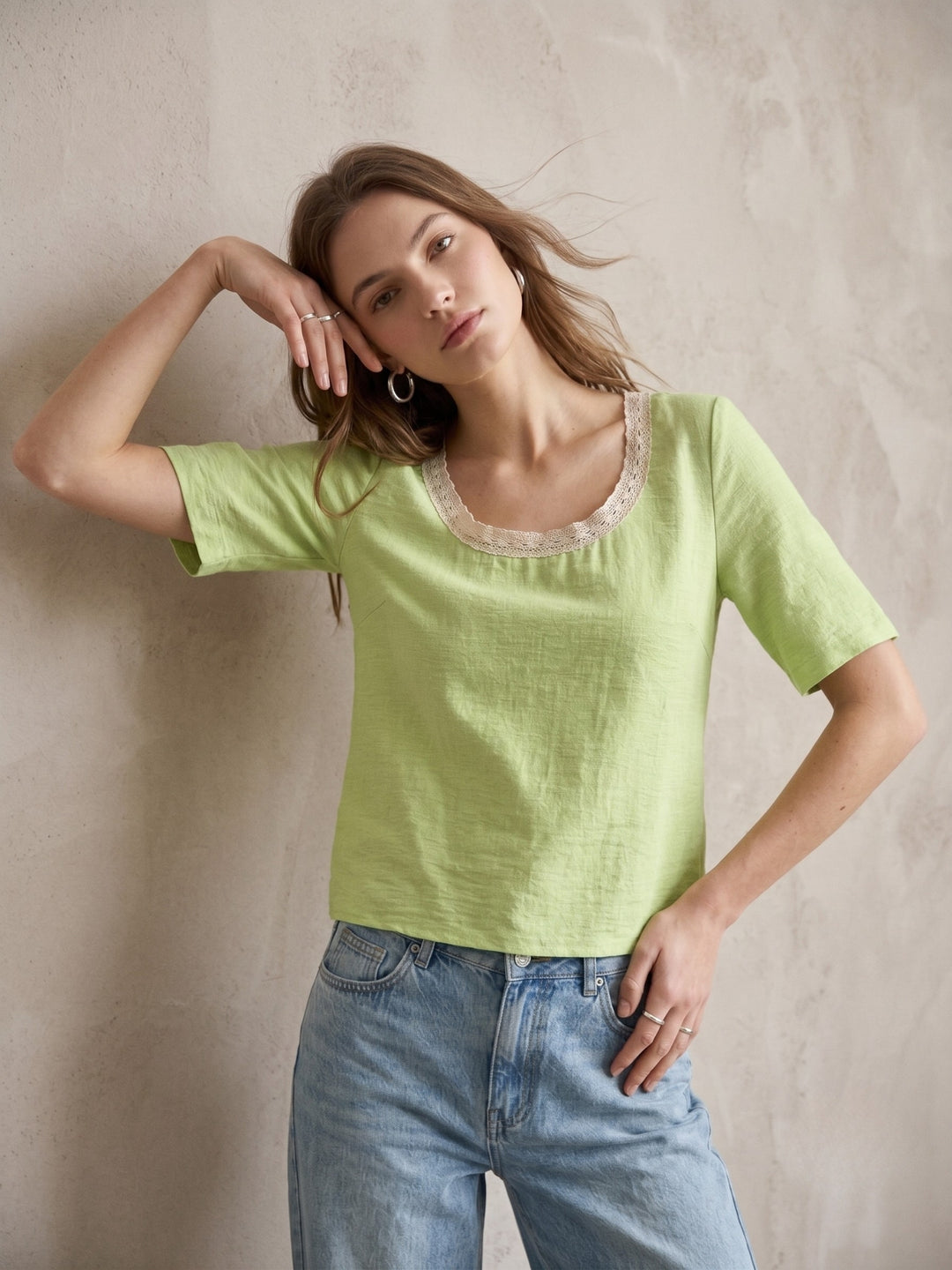 Green Relaxed Top With Lace Inserted Neck Line