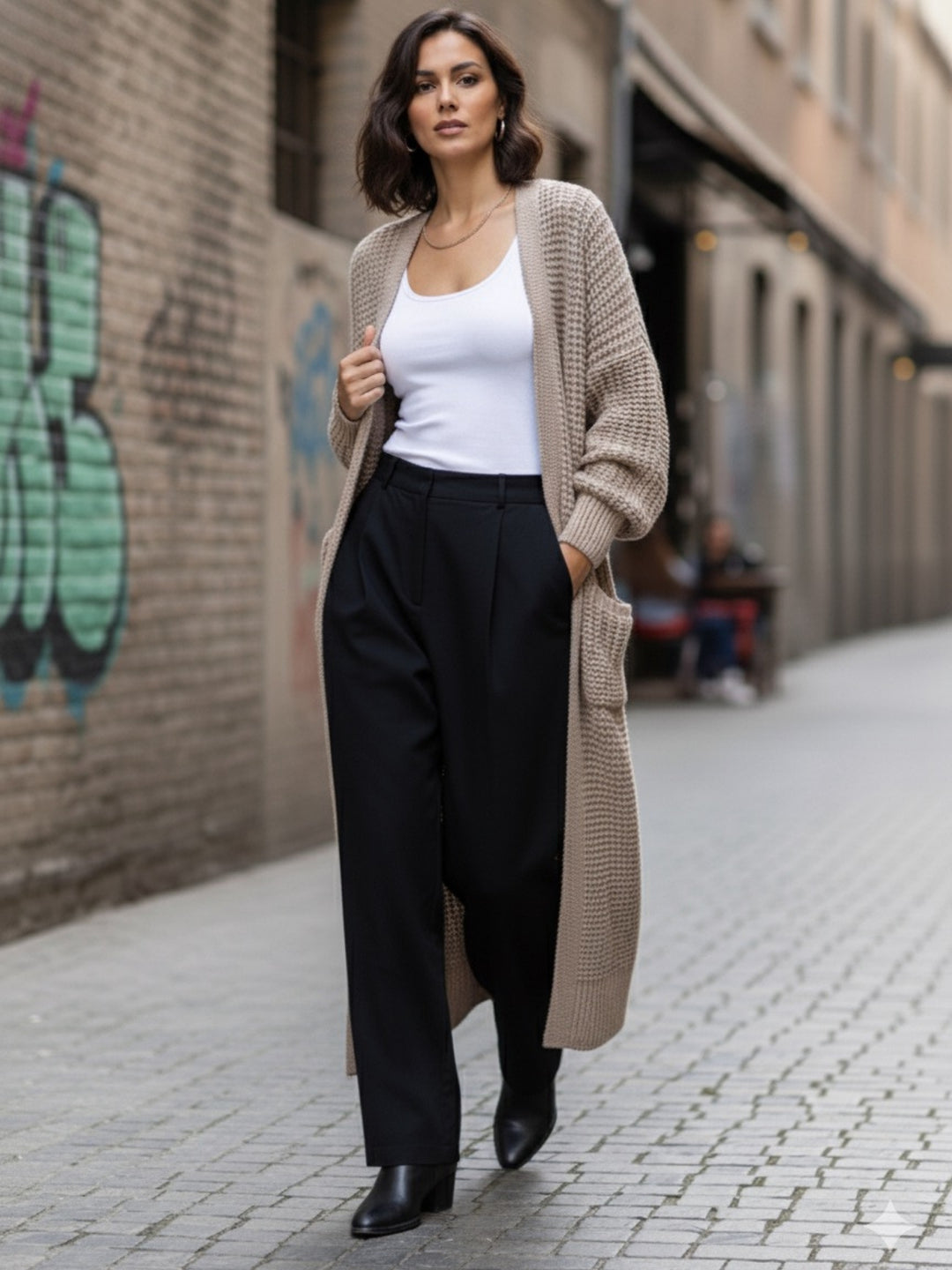 Beige Full Sleeves Solid Long Cardigan