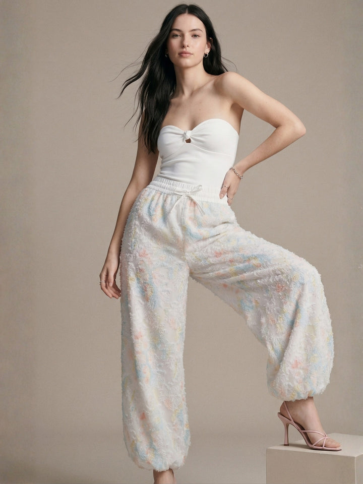 White Floral Textured Printed Pant