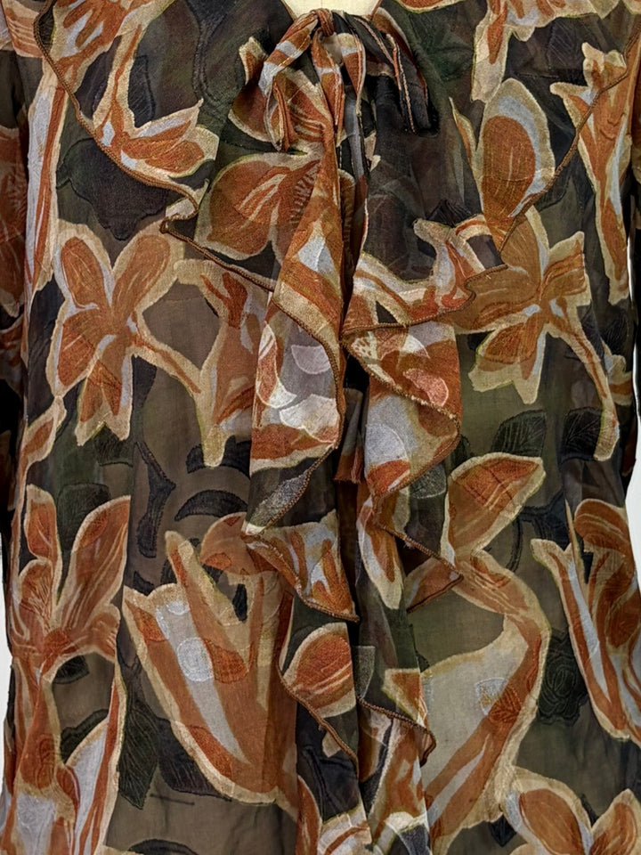 Brown V Neck Printed Neck Tie Up Ruffled Blouse