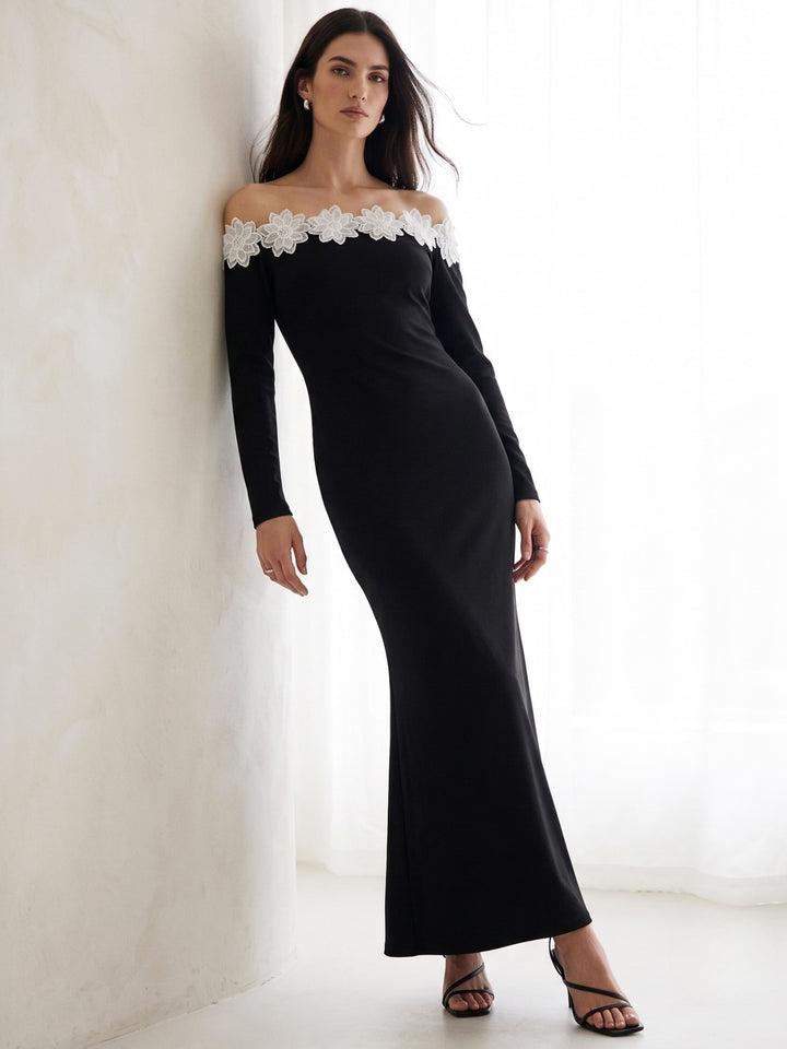 Black Off-Shoulder Fitted Dress With Neck Floral Lace Detail