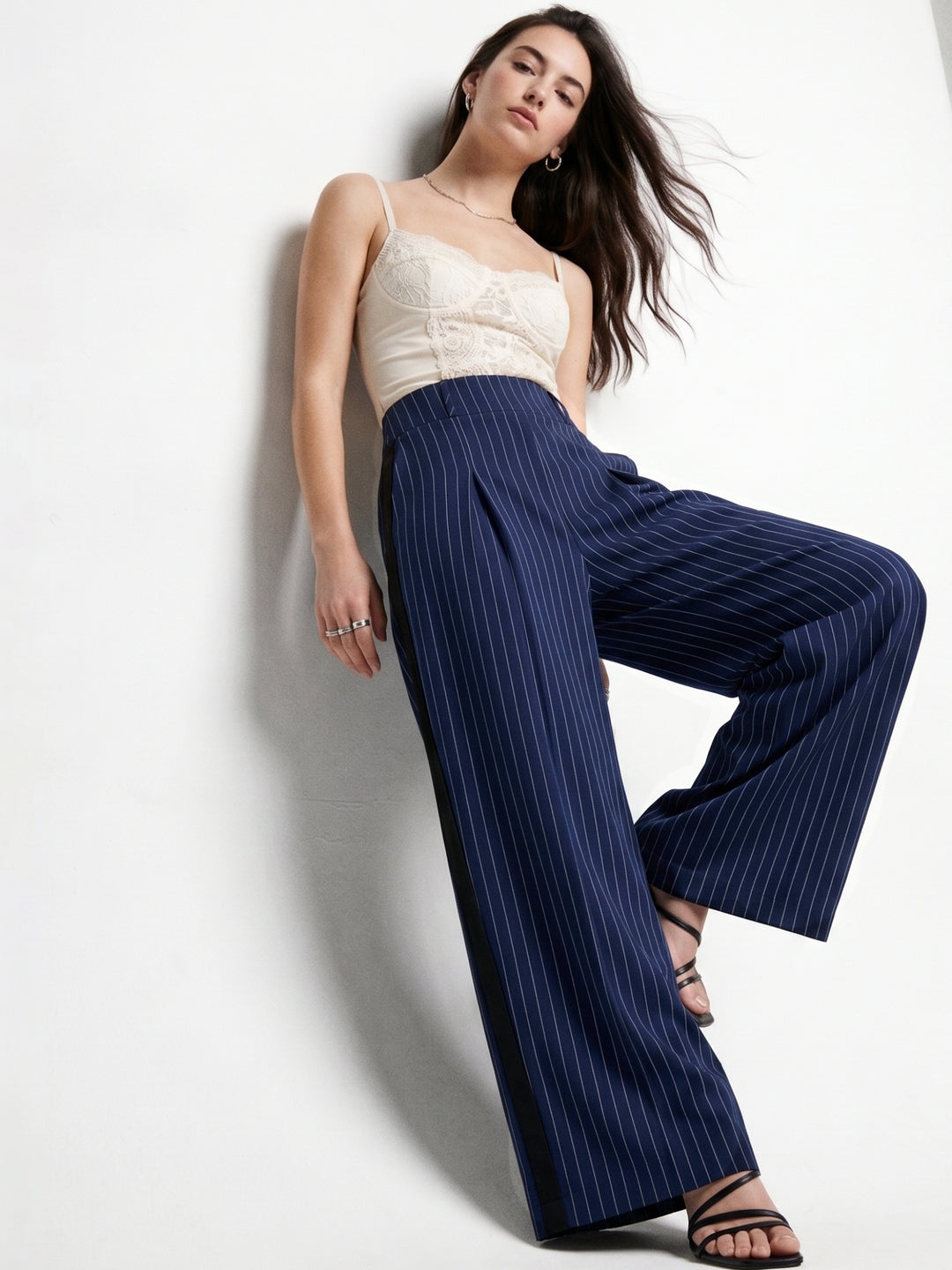 Blue Wide Leg Pleated Trouser With Belt Detail
