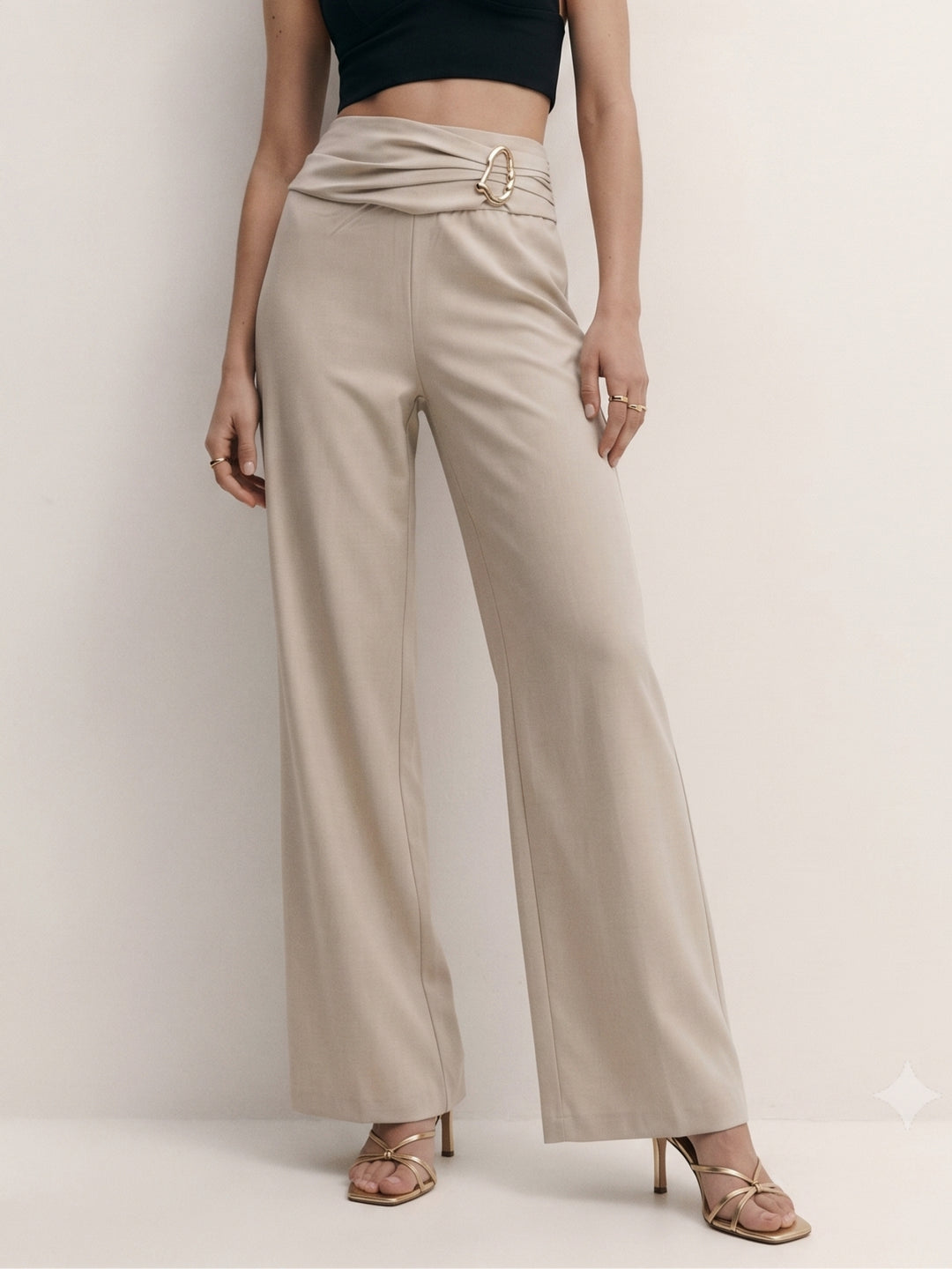 Cream Criss Cross Waist Band Trousers With Metal Buckle Detail