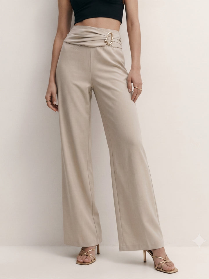 Cream Criss Cross Waist Band Trousers With Metal Buckle Detail
