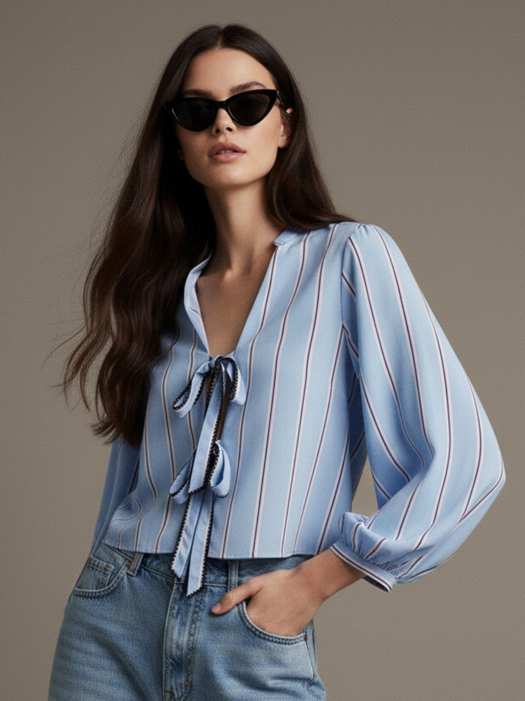 Blue Bishop Sleeve Tie-Up Top