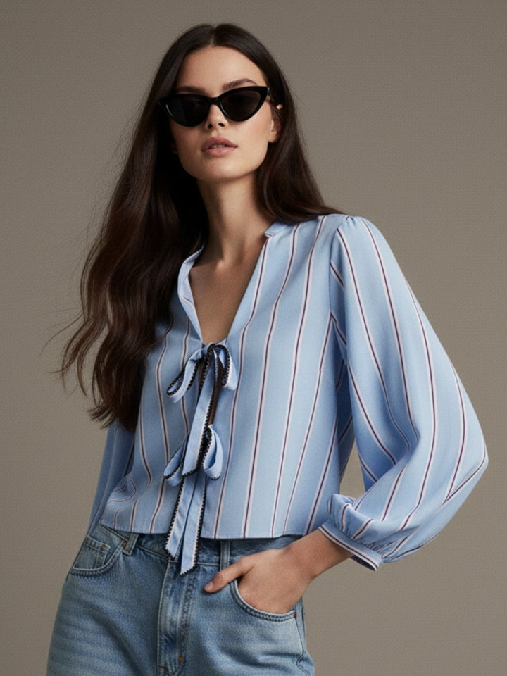 Blue Bishop Sleeve Tie-Up Top