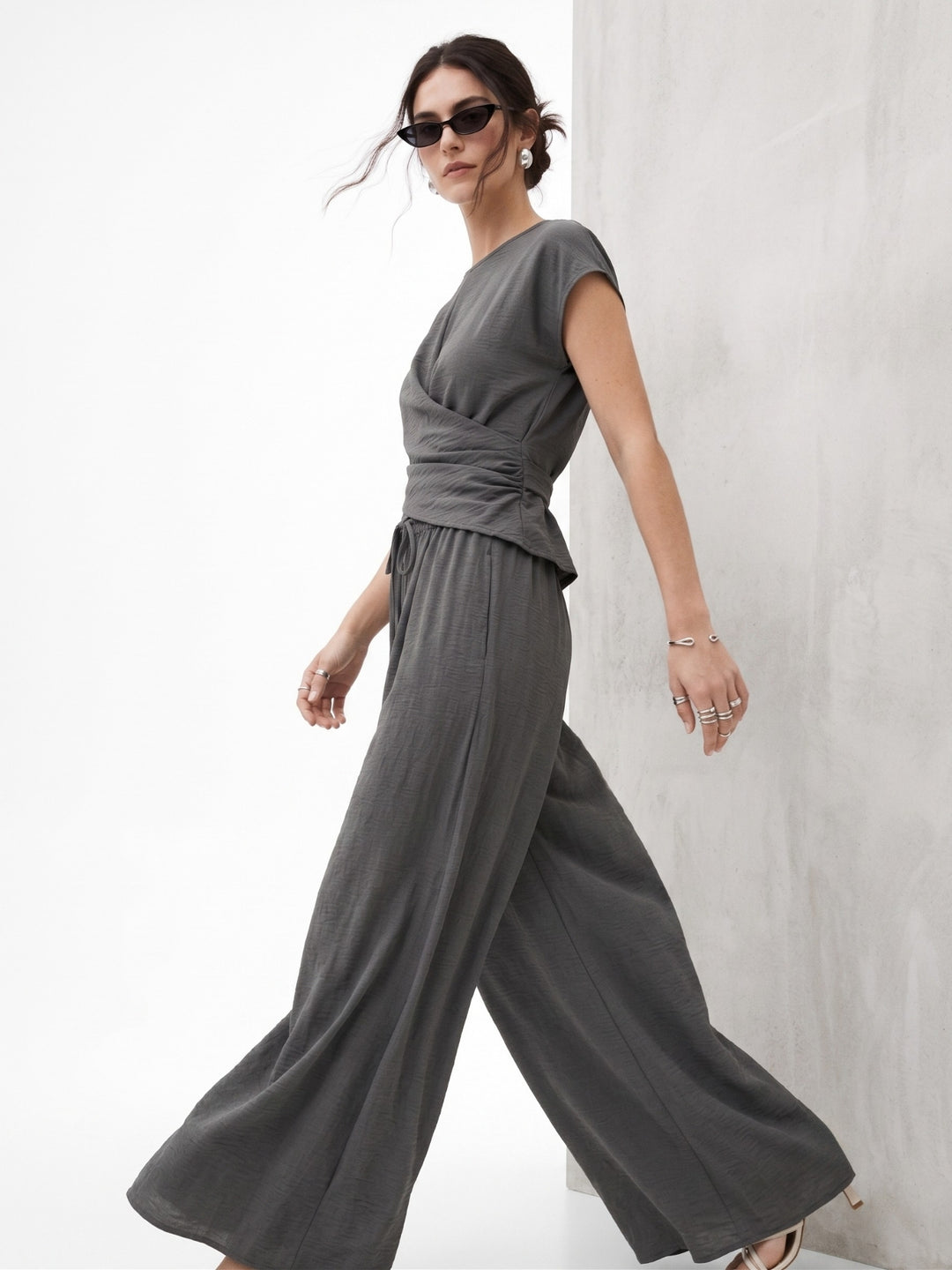 Grey Wrap Hem Detail Top With Wide Leg Pants Co-Ord Set