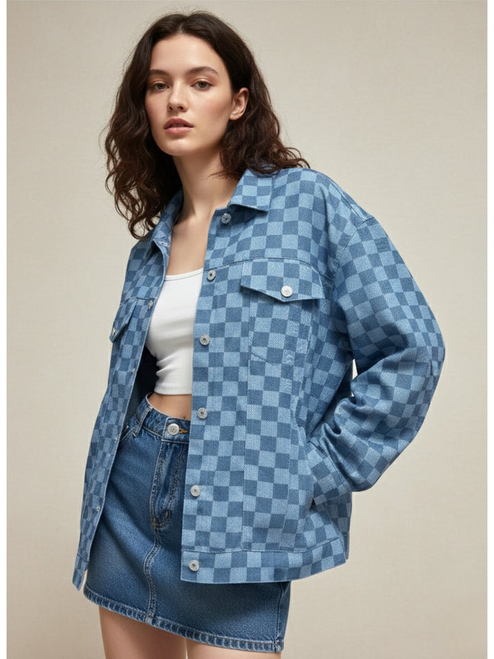 Blue Tonal Checkered Oversized Jacket