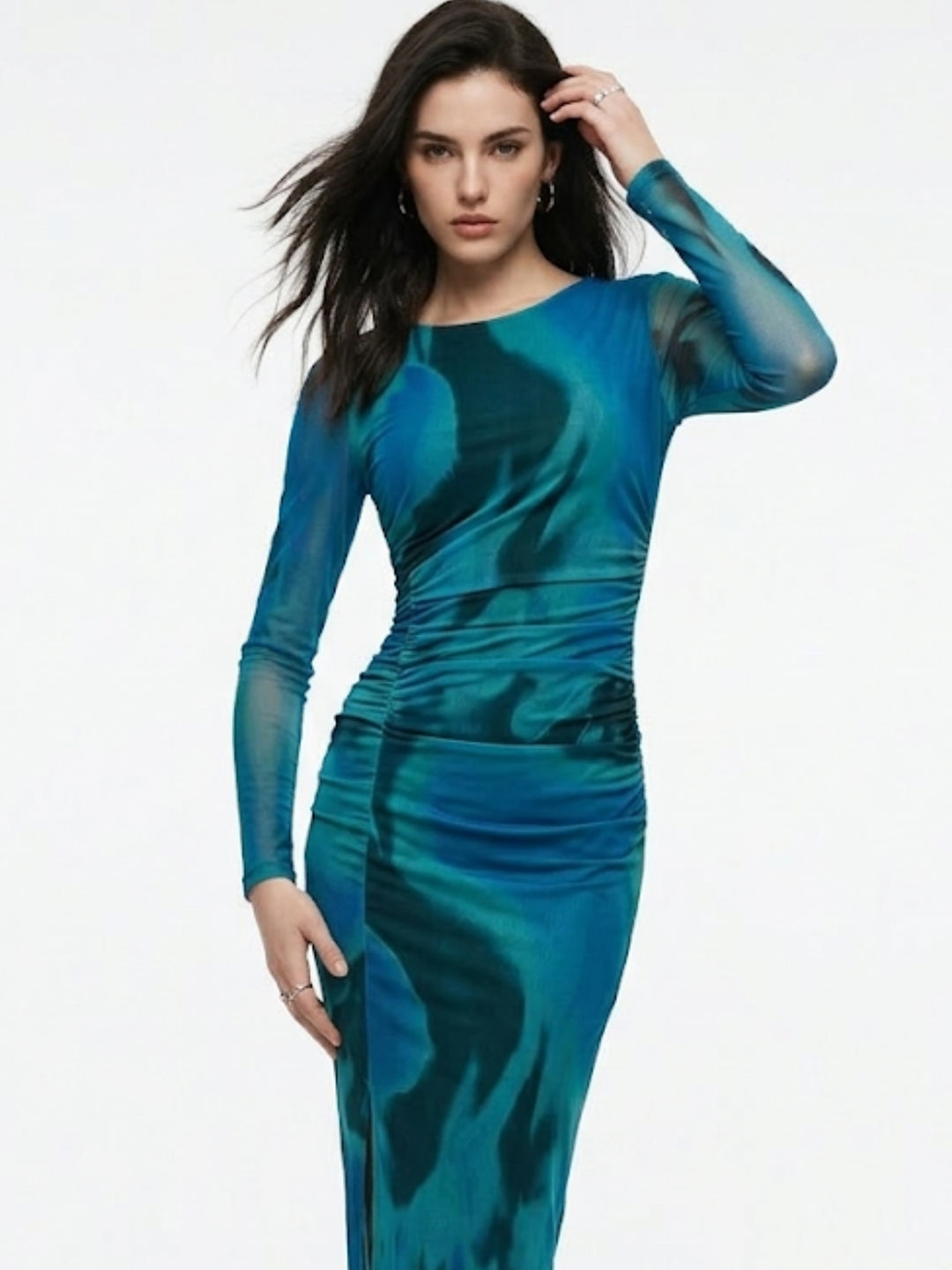Blue Full Sleeve Floral Printed Slit Dress