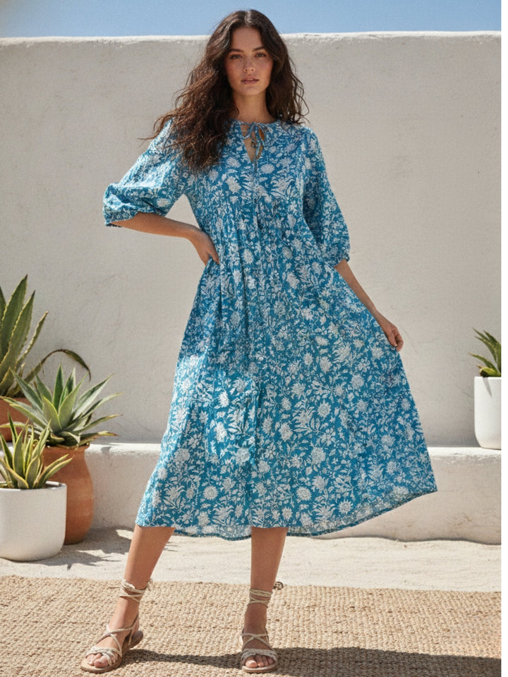 Blue Balloon Sleeve Printed Dress
