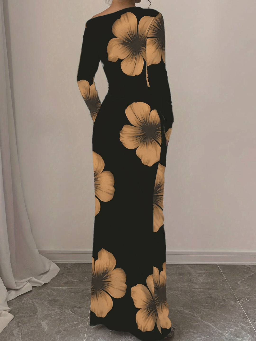 Black One Shoulder Floral Printed Dress