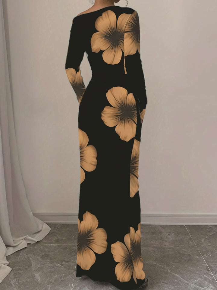 Black One Shoulder Floral Printed Dress