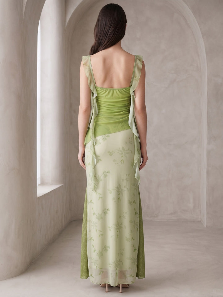 Green Cowl Neck Floral Printed Mesh Dress