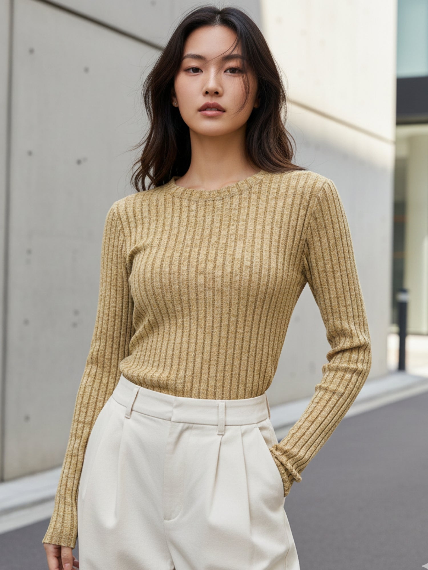 Tan Full Sleeve Crew Neck Fitted Top