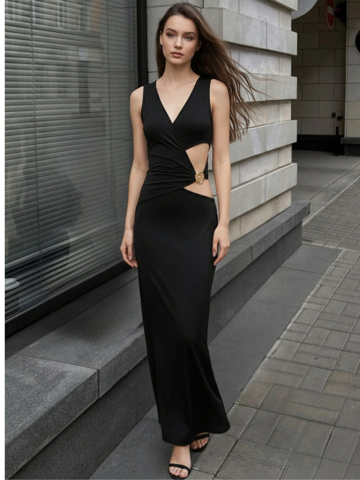 Black Plunge Neck Dress With Side Cut Out And Metal Detail