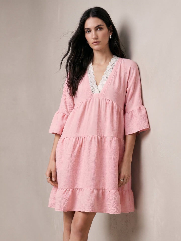 Pink Mini Tiered Dress With Lace Inserts At Neck