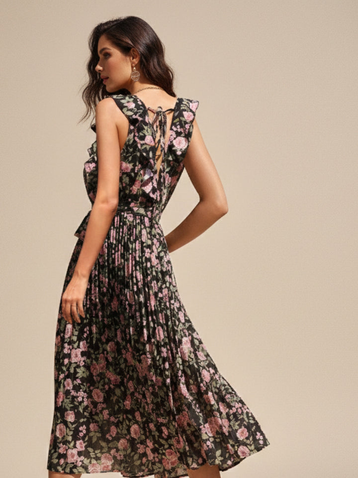 Black Sleeveless Collared Printed Dress