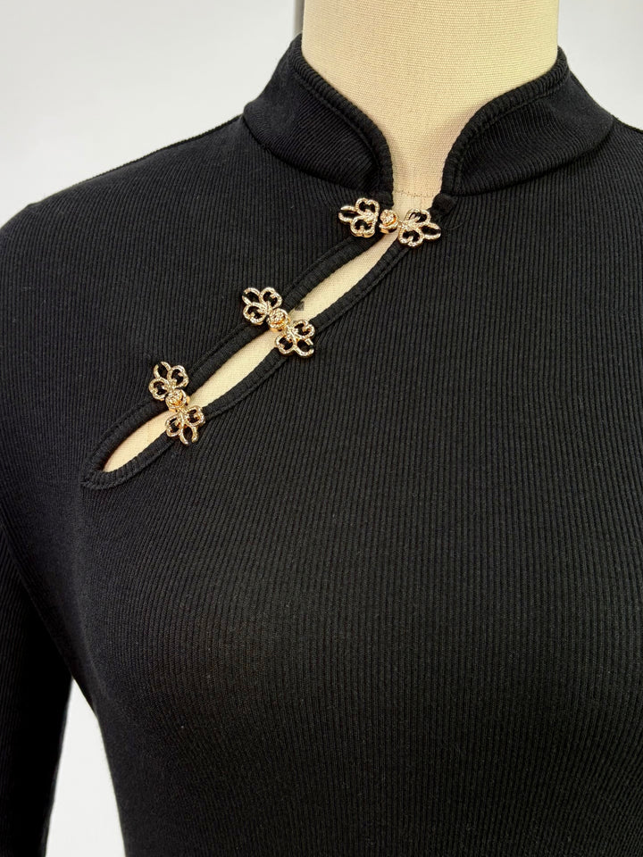 Black Mandarin Collared Metal Trim Detail Top