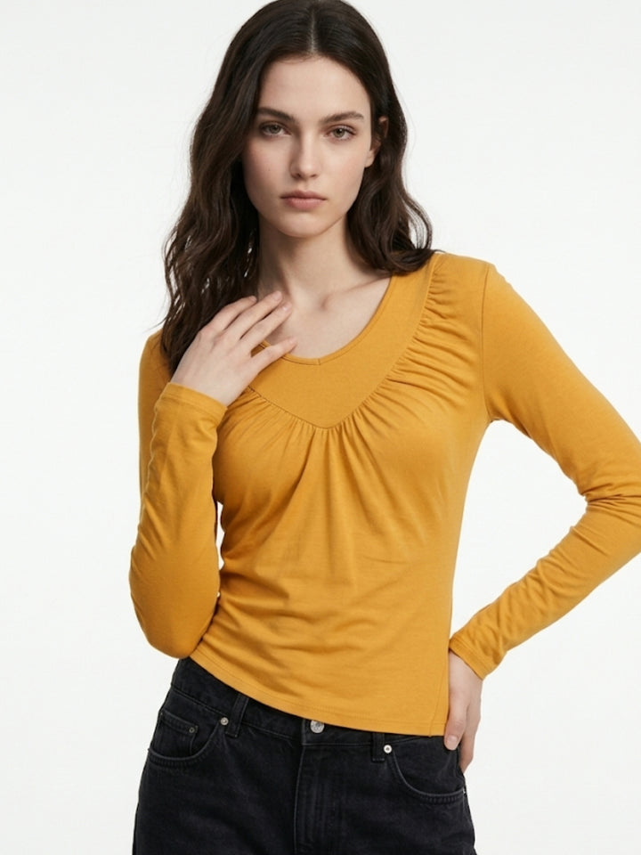 Yellow Full Sleeve Front Gathered Top