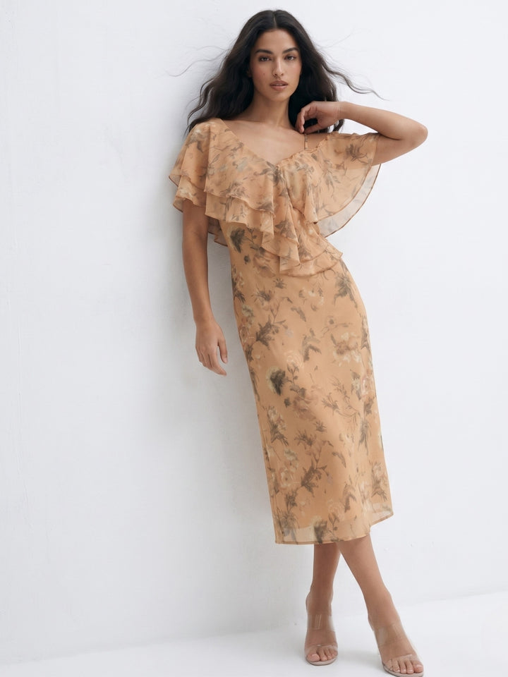 Orange Ruffle Neck Printed Dress