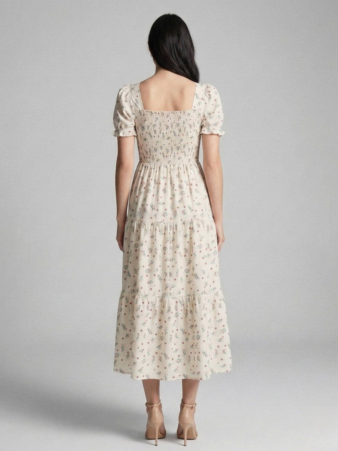 Cream Short Sleeve Square Neck Dress