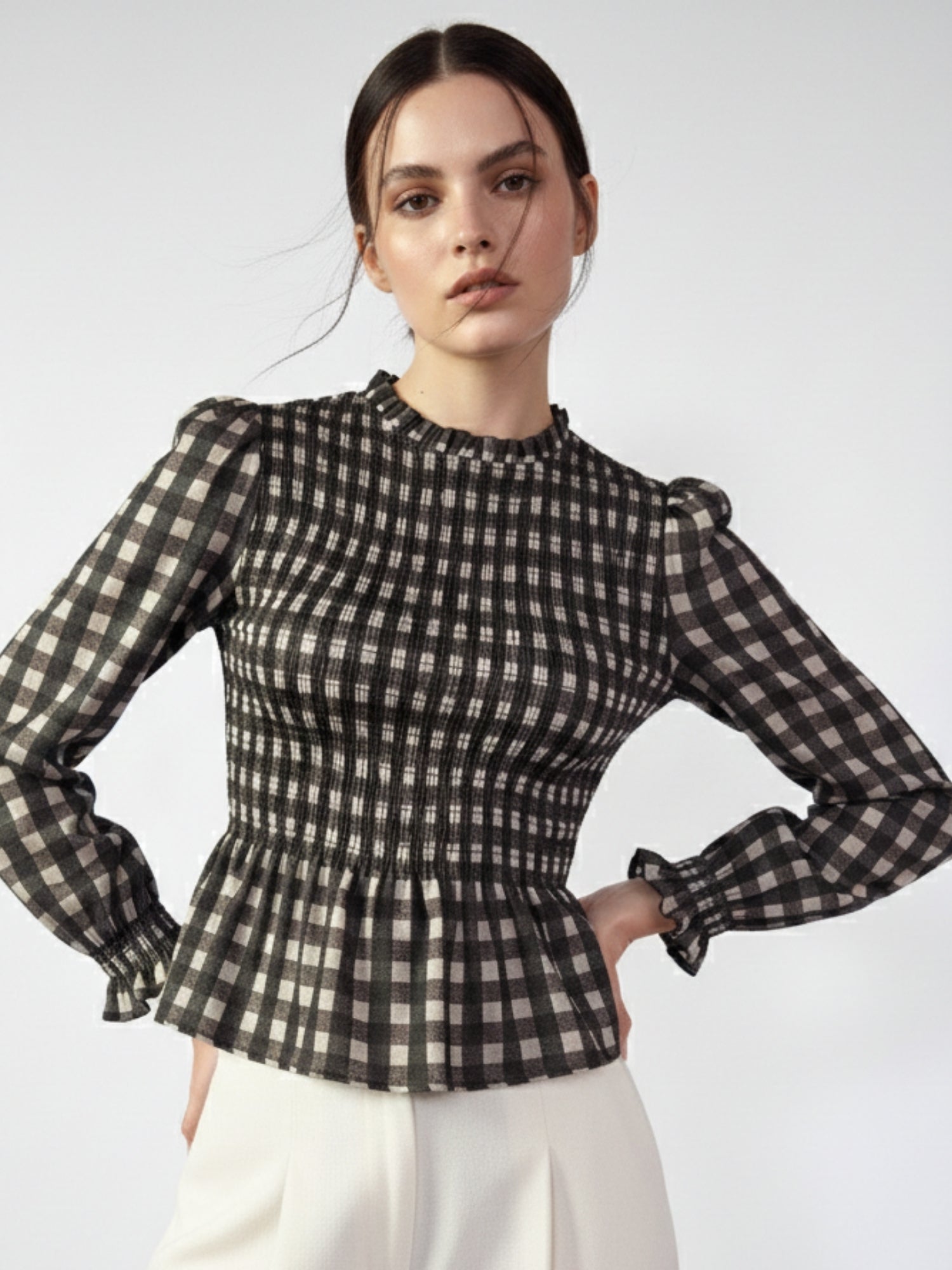 Black Smocked Bodice Checkered Top