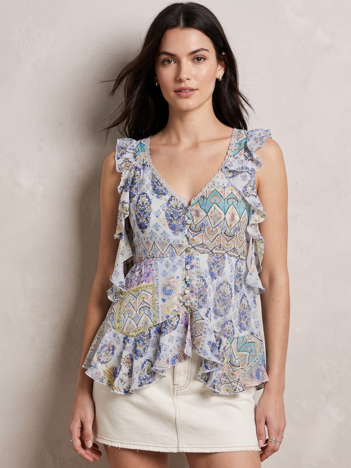 Blue Asymmetric Hemline Printed Blouse