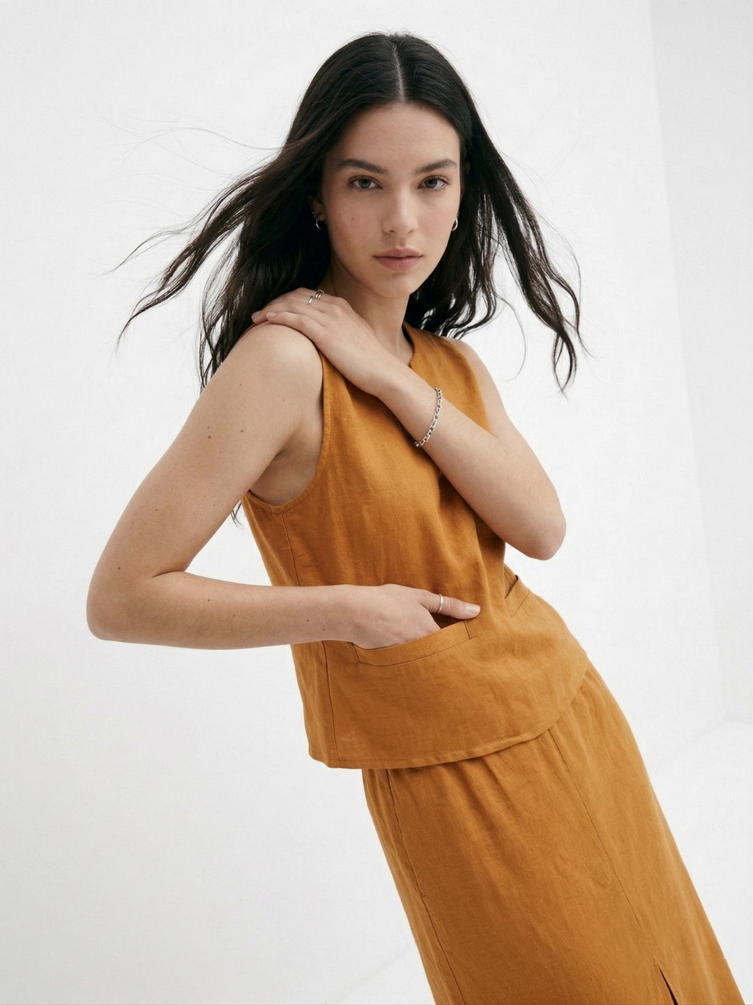 Brown Sleeveless Top And Skirt Set