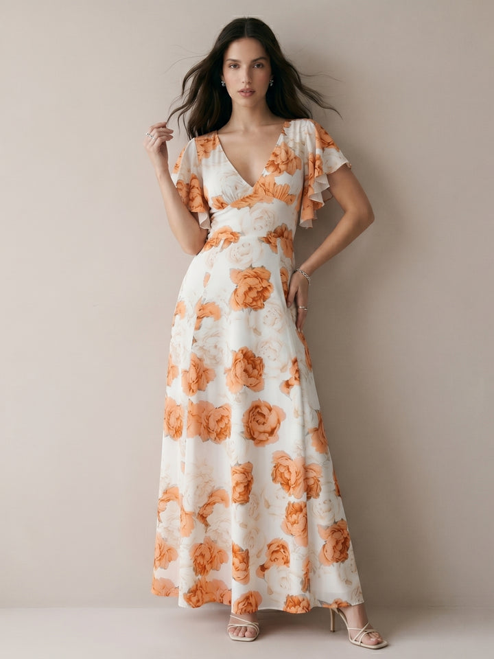Orange Maxi Dress With Flared Sleeve