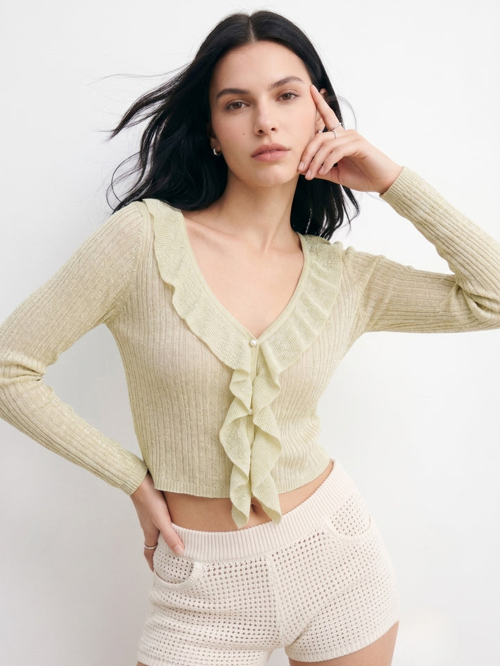 Green Full Sleeve Ruffle Neckline Textured Top