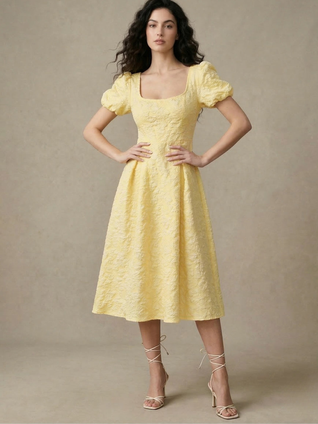 Yellow Puff Sleeve Textured Dress
