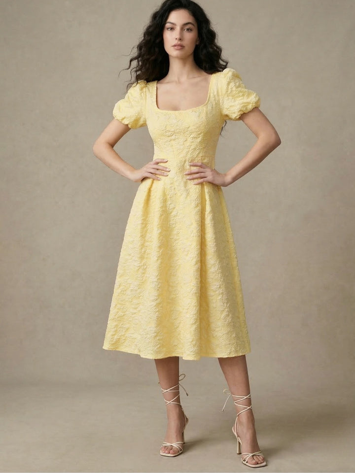 Yellow Puff Sleeve Textured Dress