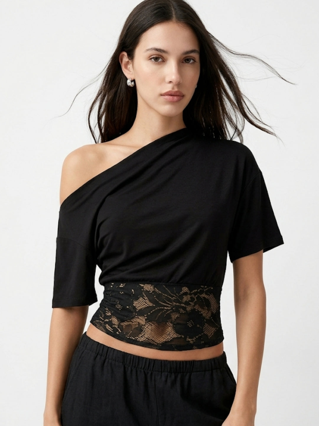 Black Twofer Style Off-Shoulder Top With Lace