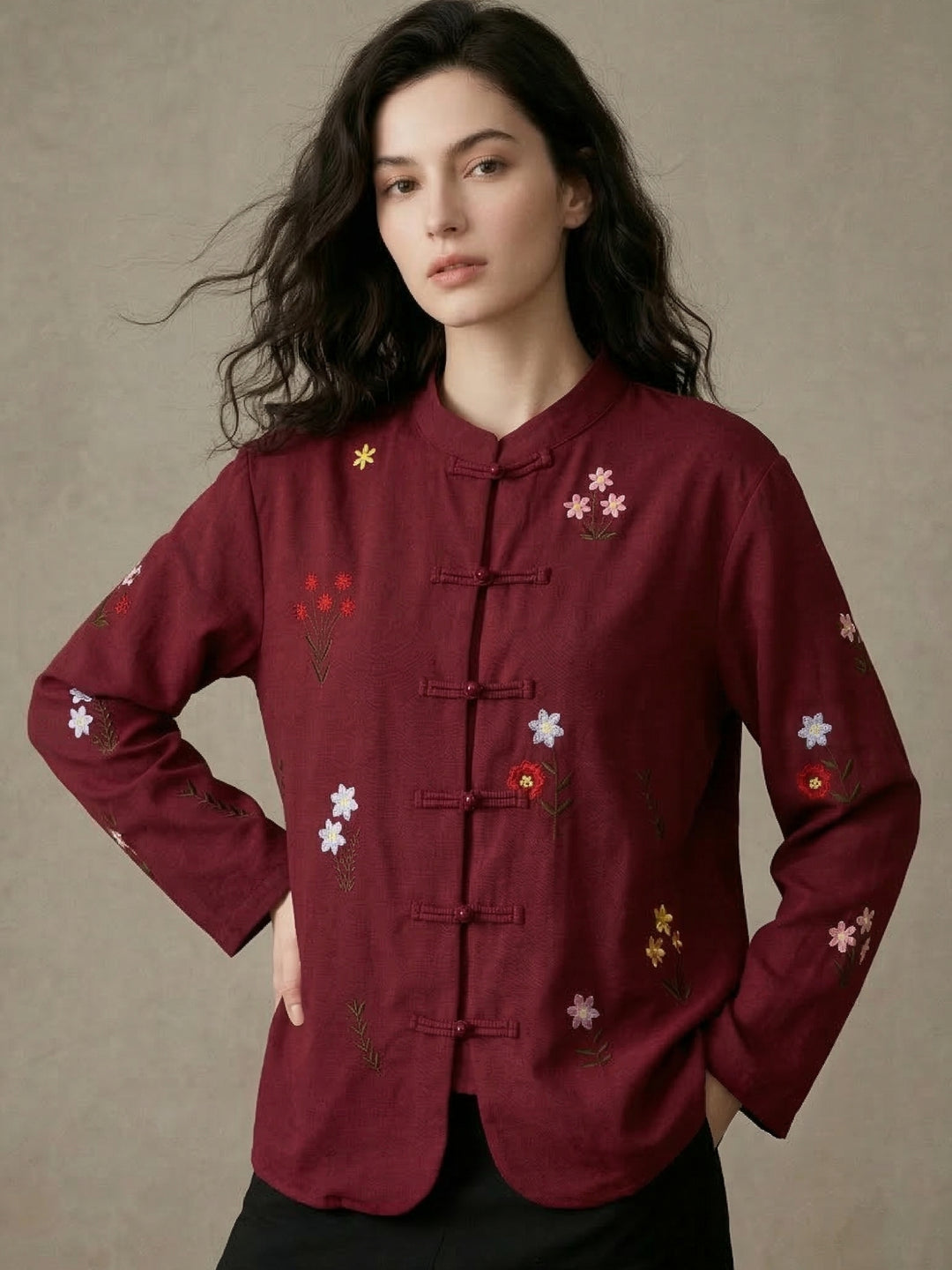 Maroon Embroidered Button Up Shity