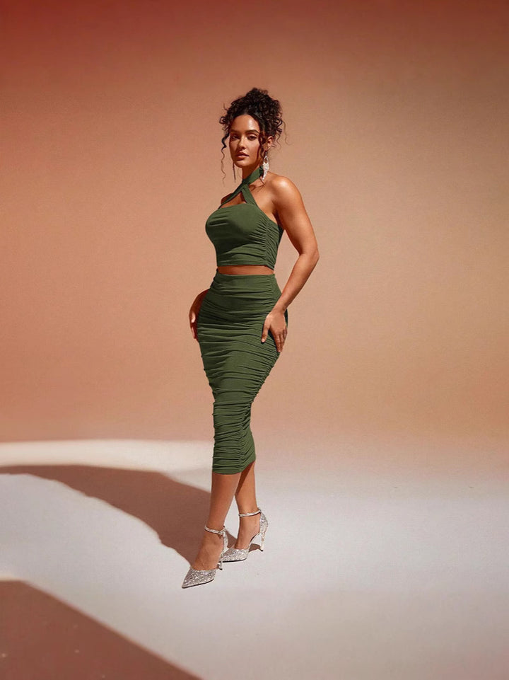 Olive Cross Over Halter Neck Ruched Top & Skirt Set