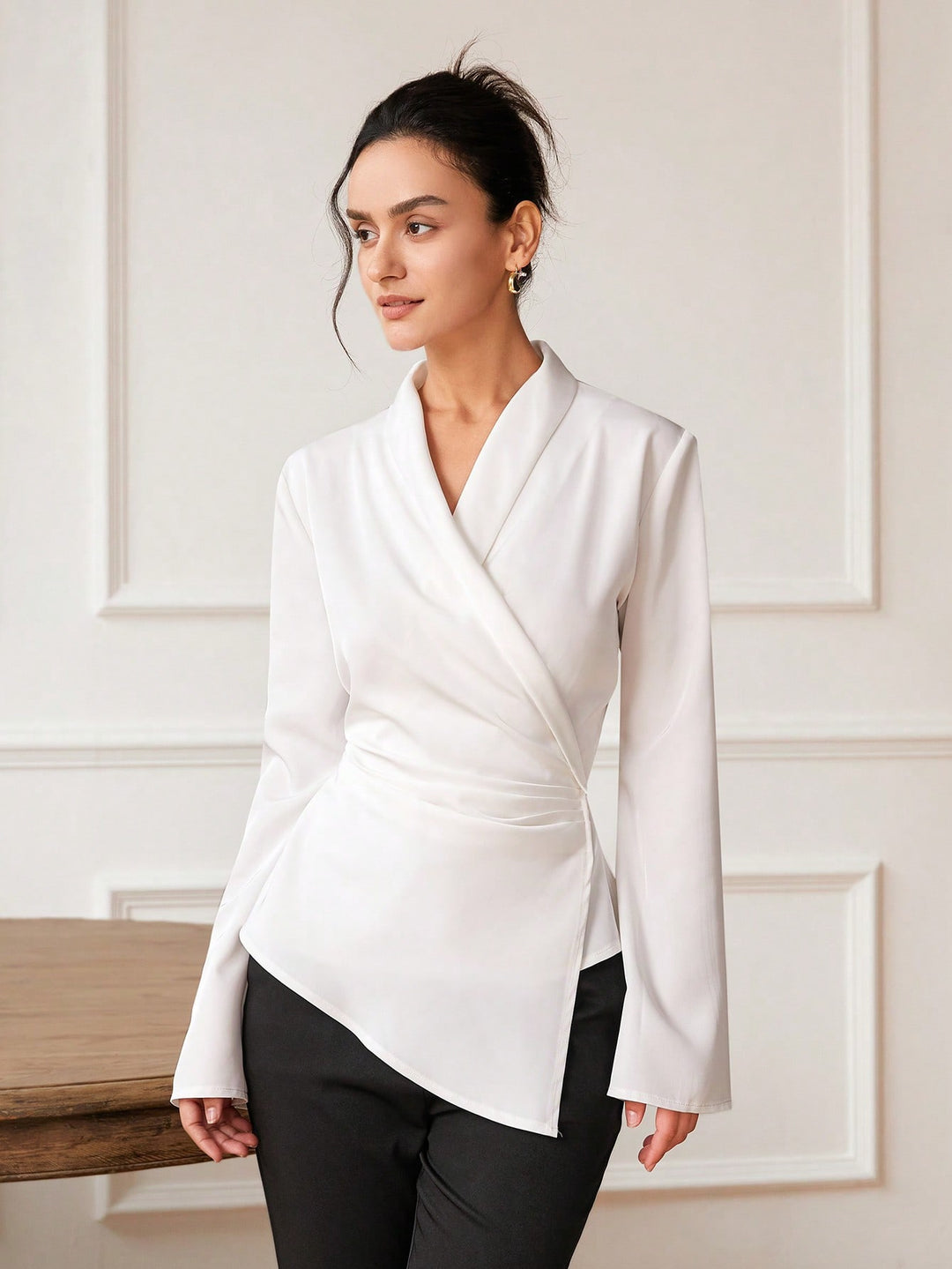 White Bell Sleeve Wrapped Detail Top