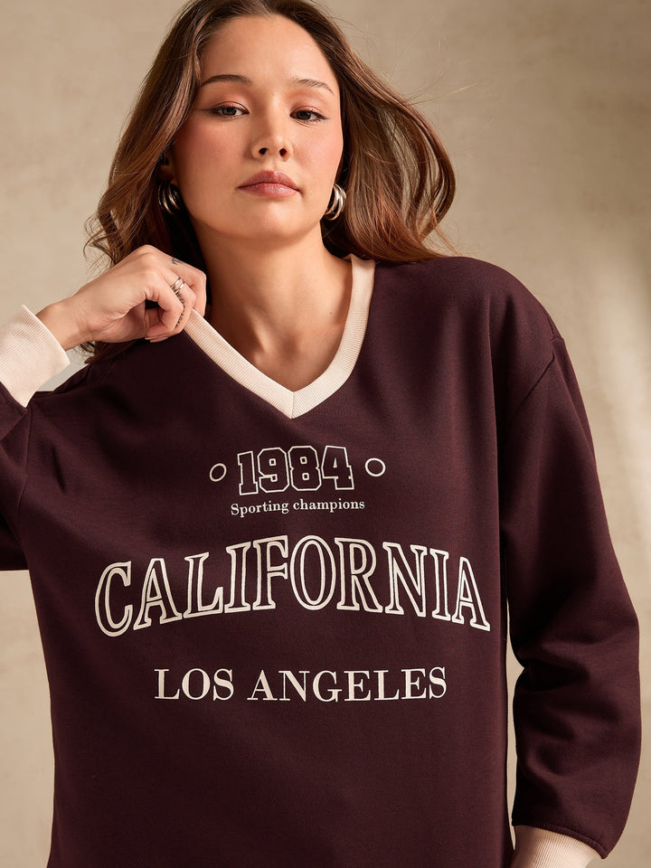 Brown Contrast Neck Graphic Russian Fleece Pullover