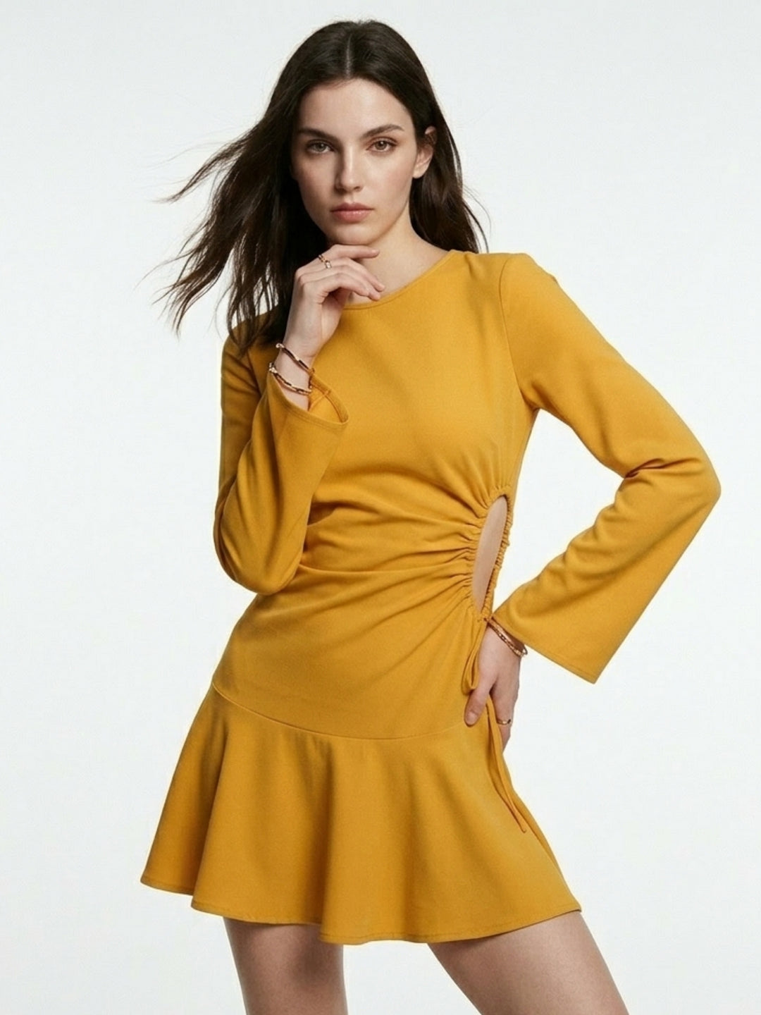 Yellow Bell Sleeve Waist Cut-Out Dress